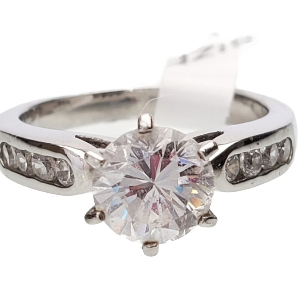 Silver Plated Solitaire Ring with accents size 6  1 ctw cubic zirconia *